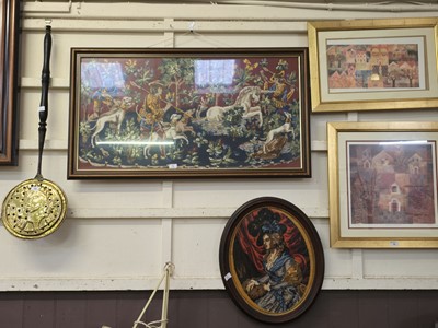 Lot 71 - A framed and glazed woolwork depicting hunting...